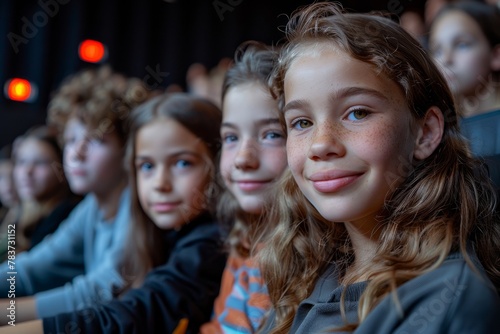 A group of young friends in an auditorium, with one girl in focus, smiling as they enjoy an event or performance.