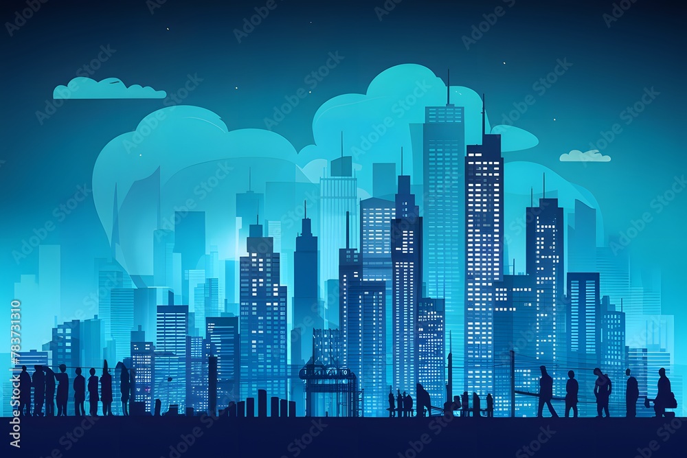 Urban development silhouette in blue hues, portraying city progress