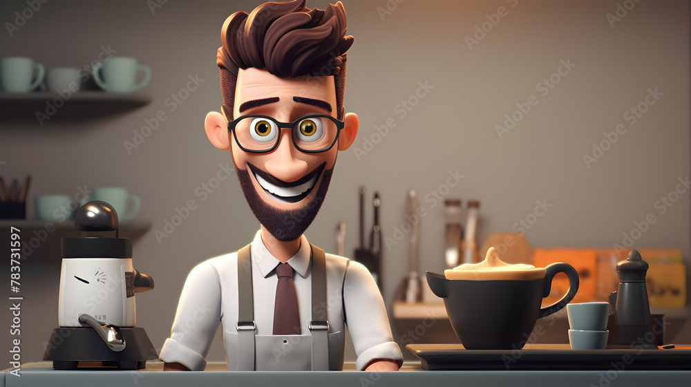 A 3D rendering featuring a smiling barista character, brewing coffee with expertise and joy A 3D rendering featuring a smiling barista character, brewing coffee with expertise and joy