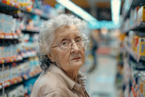 An elderly woman wearing glasses is browsing in a grocery store aisle © Irina