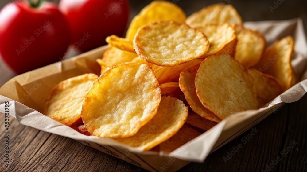 Crispy chips fresh tomatoes and a rustic table setting Crispy chips fresh tomatoes and a rustic table setting