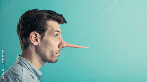 Side view of a man with a long nose. concept of Dishonest Liar man, on pastel blue background photo
