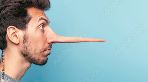Side view of a man with a long nose. concept of Dishonest Liar man, on pastel blue background photo