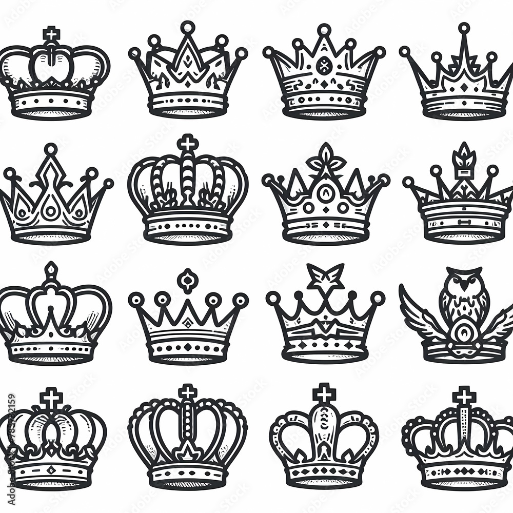 collection of different crowns, outline of crowns on a white background
