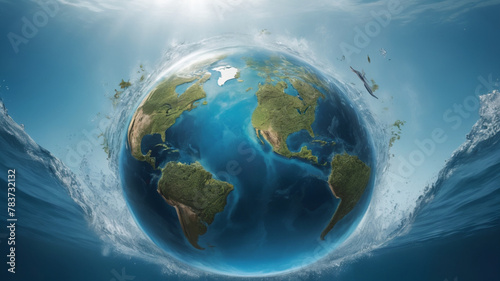 Globe Surrounded by Ocean Waves Under Clear Blue Sky  Illustrating Earth   s Natural Beauty and Environmental Concept