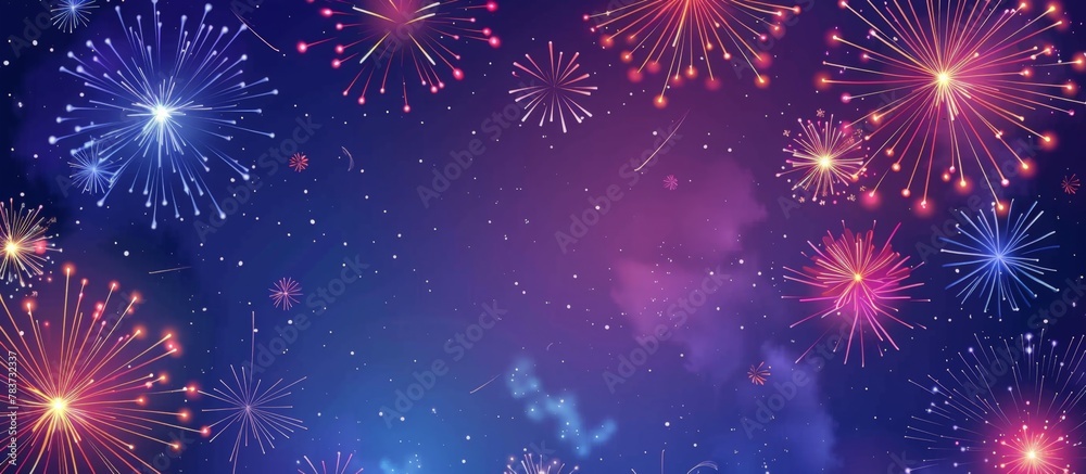 Vibrant fireworks bursting in the dark sky create a dazzling display of colors and patterns Vibrant fireworks bursting in the dark sky create a dazzling display of colors and patterns