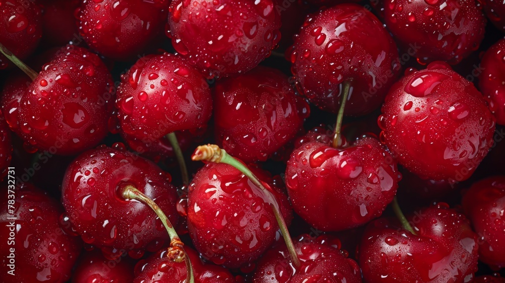 Close-up photo of fresh organic cherries with water drops on the table. shine on the sun light. Closeup food photo of berries. Close-up photo of fresh organic cherries with water drops on the table. shine on the sun light. Closeup food photo of berries.