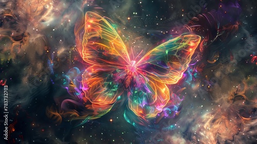 Astral Butterfly Cosmic Energy in the Fifth Dimension,A vibrant digital artwork portraying a butterfly radiating energy within a cosmic landscape, symbolizing spirituality and the fifth dimension photo