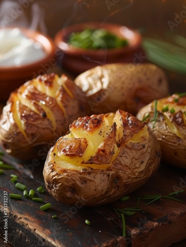 Oven-baked potatoes with a melted cheese topping and fresh herbs on a dark wooden board, with a smoky backdrop.
