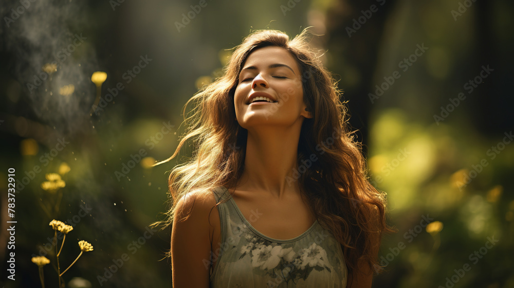 Naklejka premium A young beautiful woman breathes fresh air with inspiration and pleasure on a blurred background of the forest