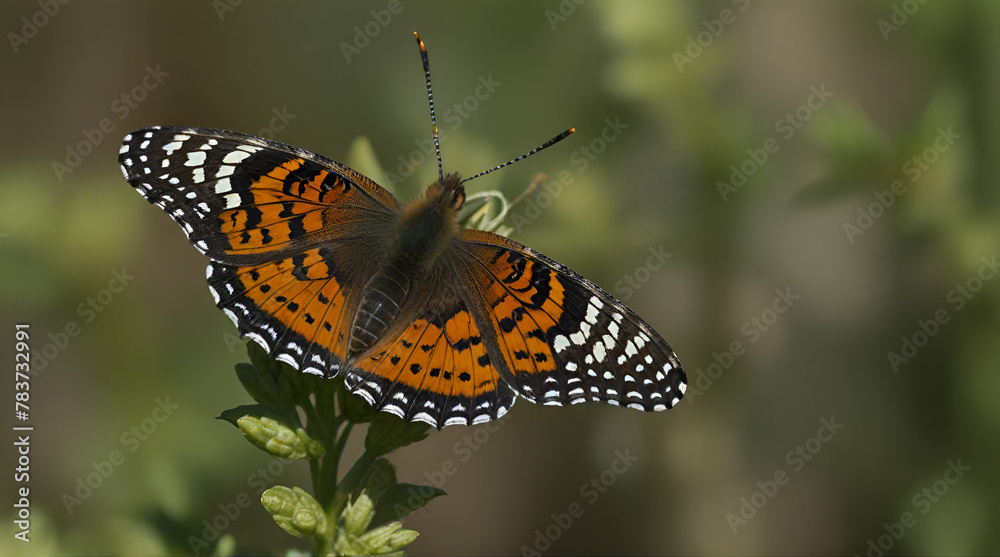 Northern Checkerspot (Chlosyne palla) butterfly resting on a green plant, Alameda county, San Francisco bay area, California.generative.ai Northern Checkerspot (Chlosyne palla) butterfly resting on a green plant, Alameda county, San Francisco bay area, California.generative.ai