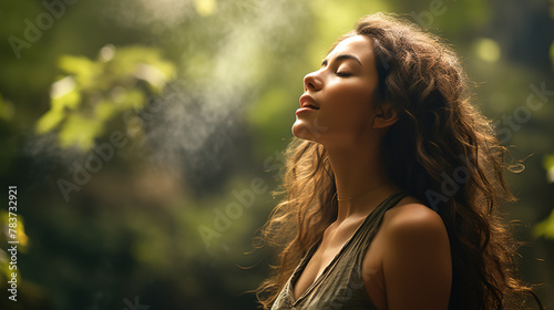 Side view of a young beautiful woman breathes fresh air with pleasure on a blurred background of the forest