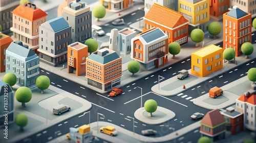 A 3D rendering isometric city road, adorned with vector 3D buildings,