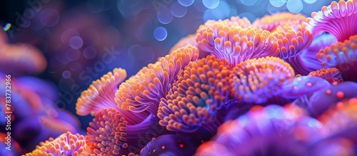 Macro shot capturing the intricate details of hammer LPS coral polyps  displaying vibrant colors in focus
