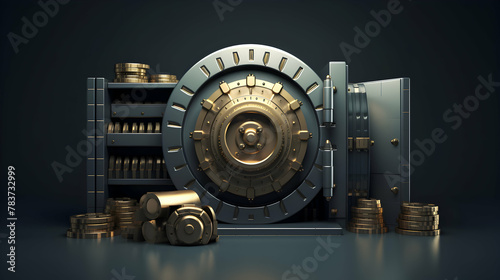 A 3D rendering of a bank vault and coins,