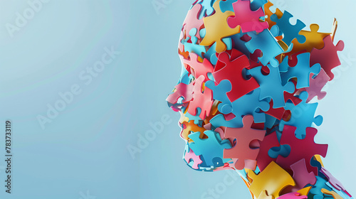autism puzzle head concept, 3d rendering of colorful jigsaw piece on the side of profile with copy space background, soft focus and blurred light effect. Brain shaped white jigsaw puzzle.  photo