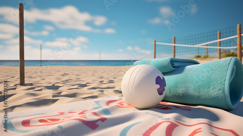 A 3D rendering of a beach volleyball scene with a net