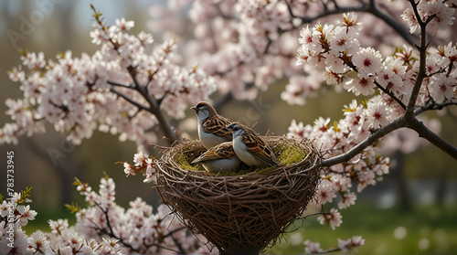 Cozy heart shaped nest with two sparrow birds. Modern private country house in spring cherry blossom garden background.generative.ai