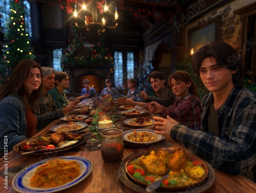A group of people are sitting at a long table with a variety of food  including a large plate of chicken. Scene is festive and celebratory  as it is a holiday gathering