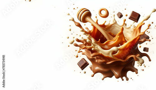 Splash of milk chocolate syrup with white isolated background  generative ai