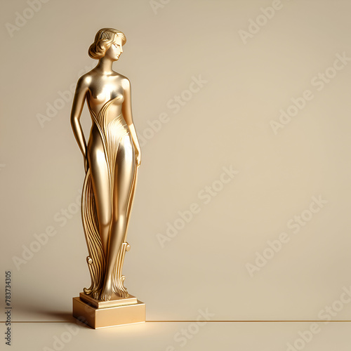 Golden Female Statue in an Art Deco Style Frame on a Black Background