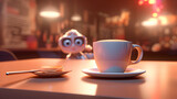 A 3D rendering of a content 3D figure enjoying a hot cup of coffee at a modern cafe table,