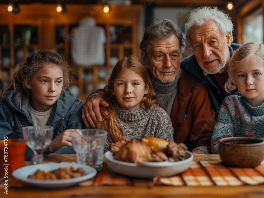 A family of five is gathered around a table with a large turkey and a variety of dishes. The older members of the family are smiling and enjoying the meal together