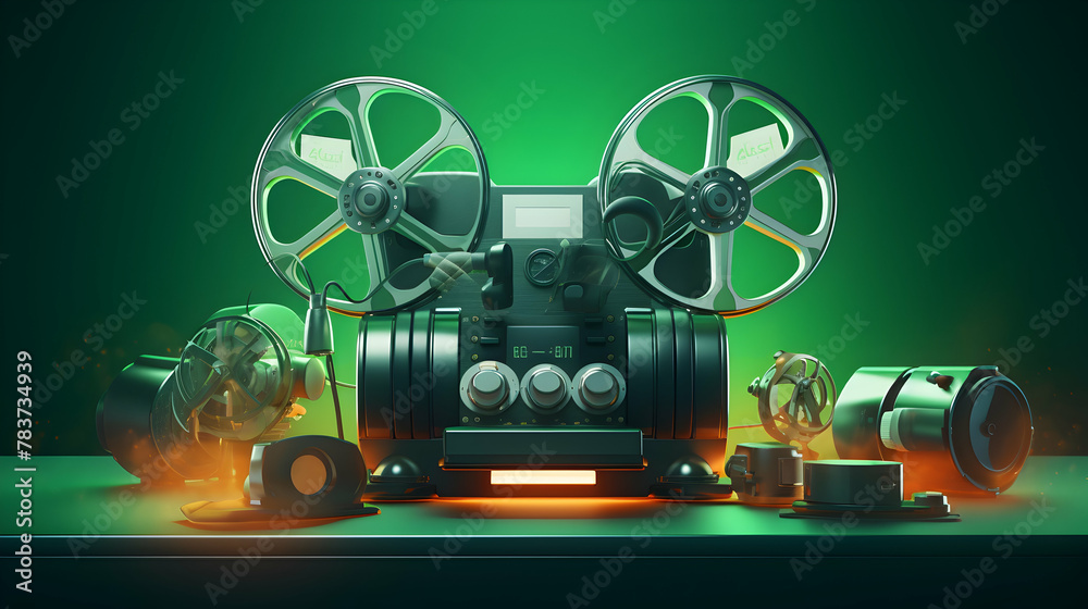 A 3D rendering of a film projector and headphones