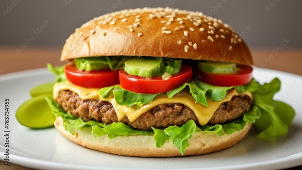 Deliciously stacked burger with fresh toppings Deliciously stacked burger with fresh toppings