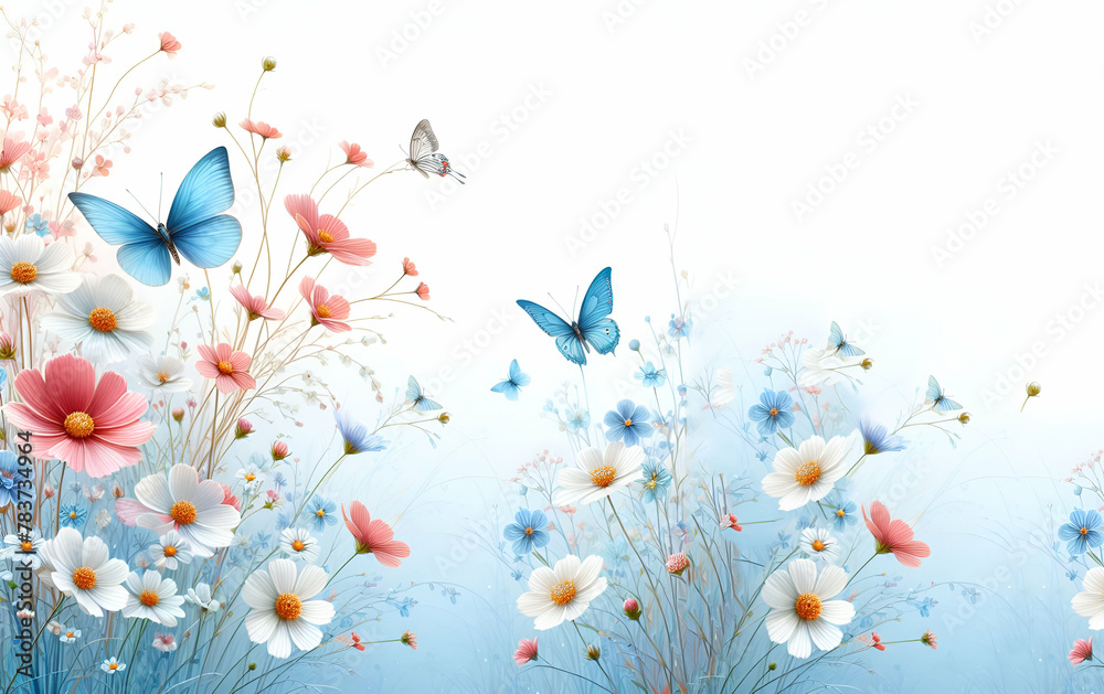 Beautiful butterflies  on soft pastel background with copy space, generative ai