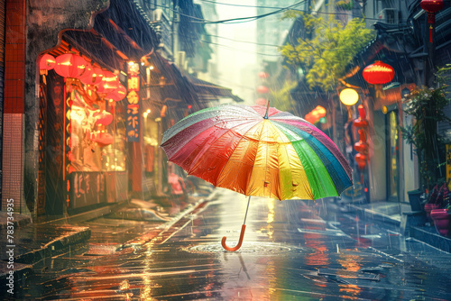 Colorful Umbrella on Rainy City Street with Chinese Lanterns
