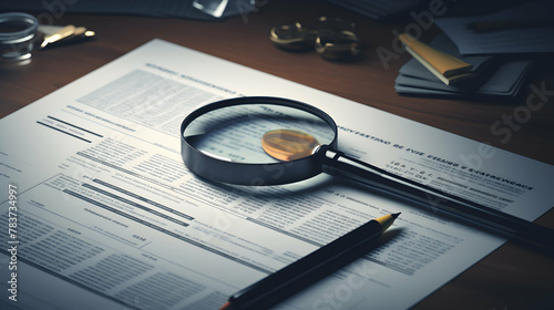 A 3D rendering of a financial report and magnifying glass
