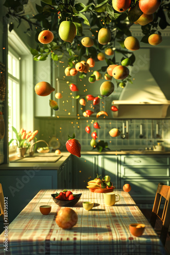 Enchanting Kitchen with Floating Fruits in Sunlight