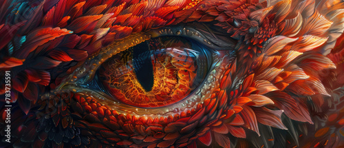 close-up the fiery red mythical creature the sharp gaze of the dragon's eyes reflects power and ferocity created with Generative AI Technology photo
