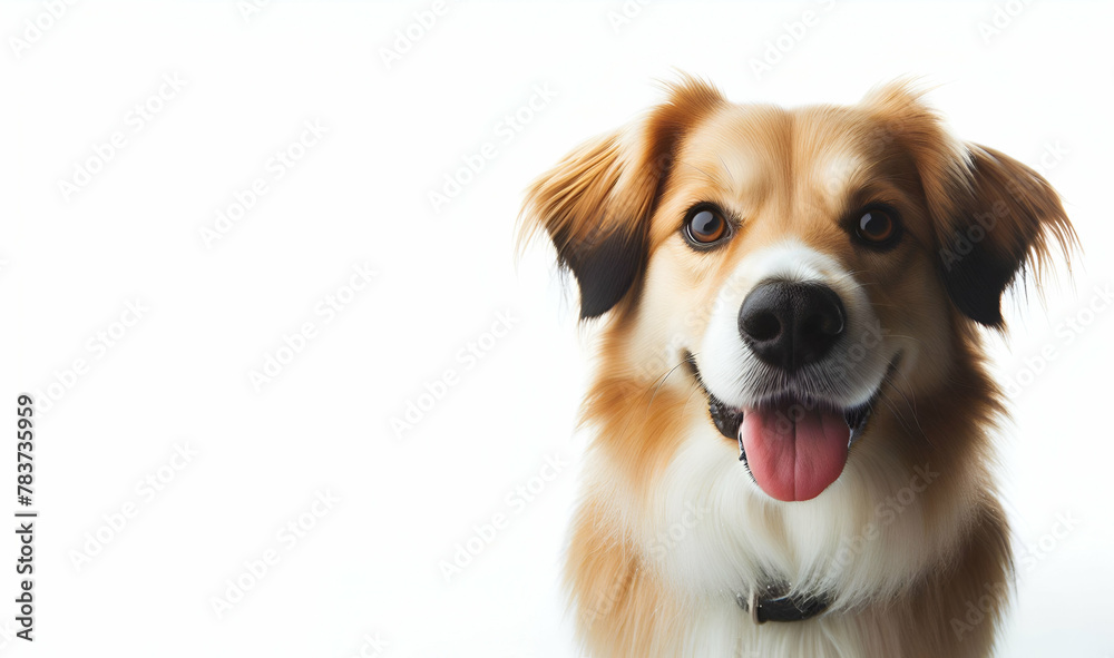 A brown dog with a white collar and a red collar sits in front of a white background., generative ai
