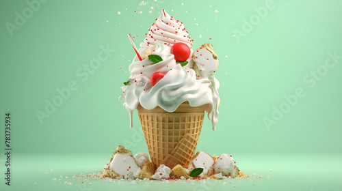A 3D rendering of a ice cream sundae, waffle cone,