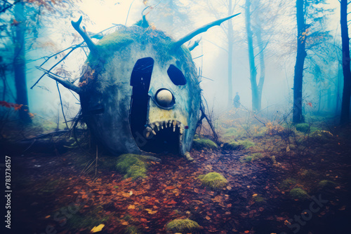 Creepy Survival Skull - Like Shelter in Foggy Woods