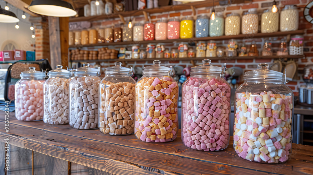 Assorted colorful marshmallows in glass jars on a wooden shelf in a candy store, with a blurred background of a cozy shop interior.