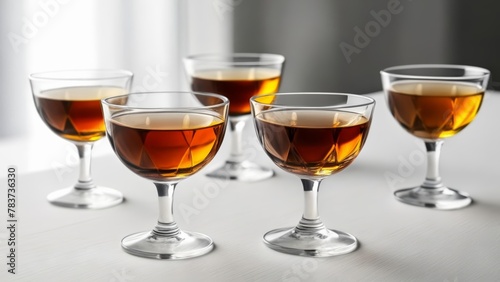  Five glasses of ambercolored liquid on a table photo