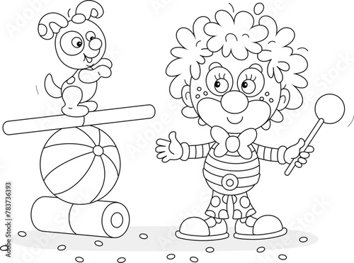 Funny red clown playing with his small cheerful puppy equilibrist balancing on a colorful ball, board and cylinder in a fun circus performance, black and white vector cartoon illustration for a colori