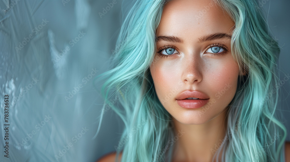 Portrait of a young woman with pastel blue hair and striking blue eyes, featuring a soft, natural look with a blurred background.