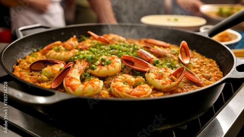  Delicious seafood paella ready to be served