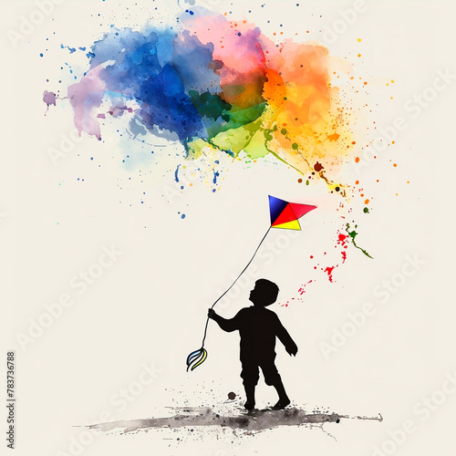 Multi-colored silhouette of a child holding a kite. Dreams Come True. Watercolor colorful illustration with splashes.