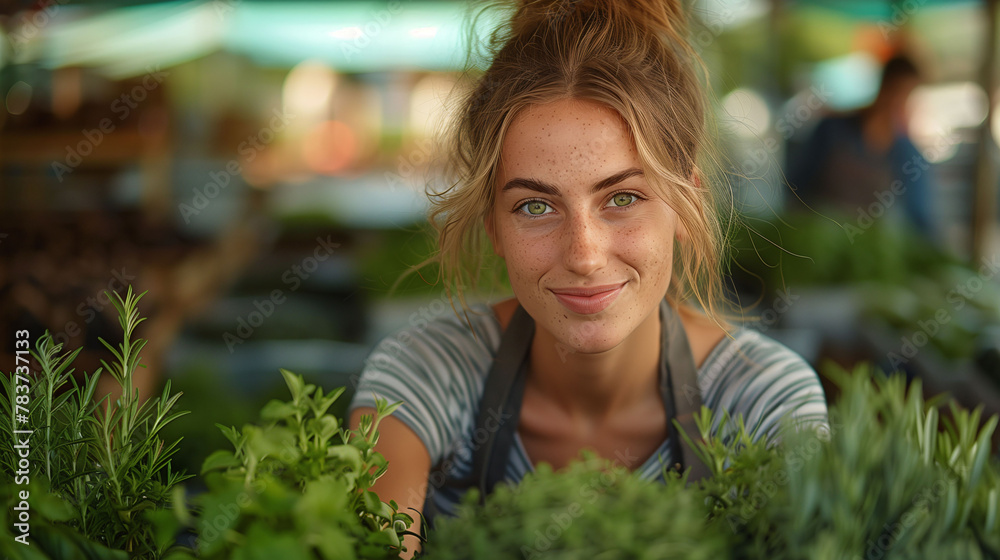 Portrait of a smiling young woman at a farmers market, surrounded by fresh herbs, with a blurred background conveying a natural and healthy lifestyle.