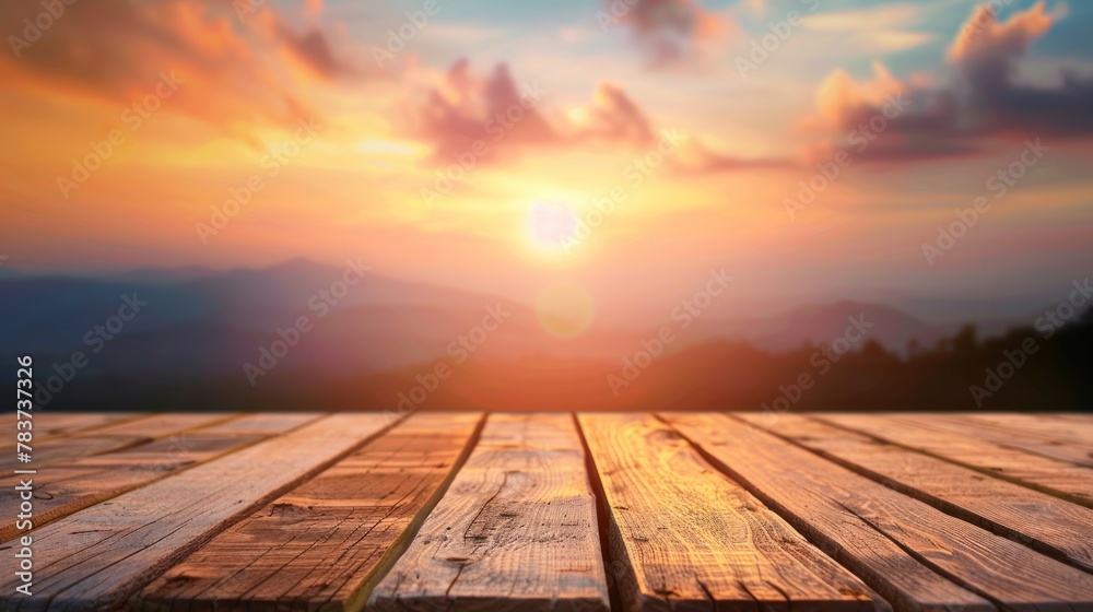Wood table top on blur sunrise background Use for montage on product display AI generated