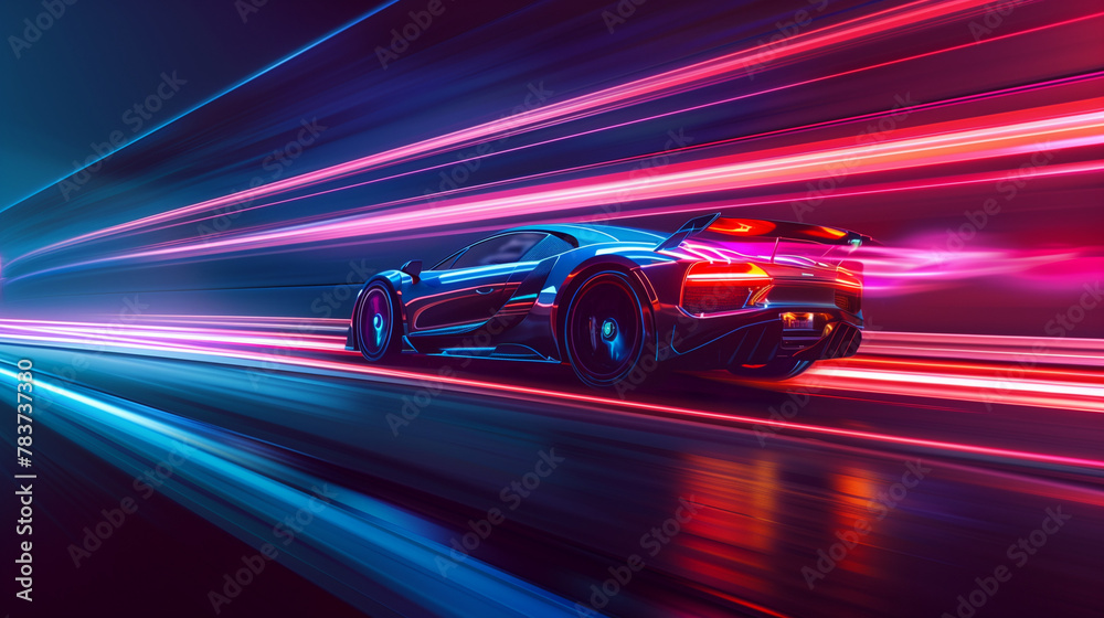 A high-speed car driving on the highway, with a motion blur background and light trails and glowing lines. A futuristic sports vehicle concept in the style of light trails and glowing lines. 