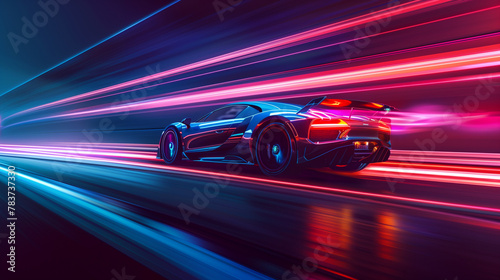 A high-speed car driving on the highway, with a motion blur background and light trails and glowing lines. A futuristic sports vehicle concept in the style of light trails and glowing lines. 