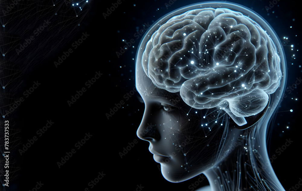 A human head with the brain highlighted in blue with isolated black background, generative ai A human head with the brain highlighted in blue with isolated black background, generative ai