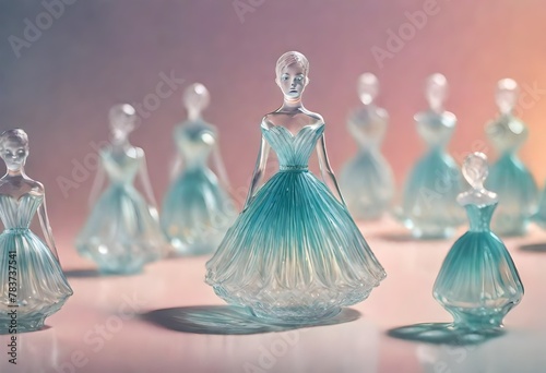dolls made of glass, dolls symbolizing the female public on pink background 