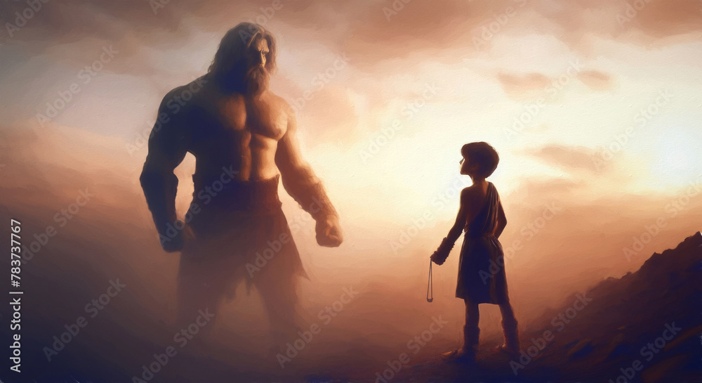 Oil Painting illustration of David and Goliath. Bible story of young Shepherd boy defeating a giant Warrior with a simple stone and slingshot. Triumph concept. Sunset vibrant background battlefield. - obrazy, fototapety, plakaty 